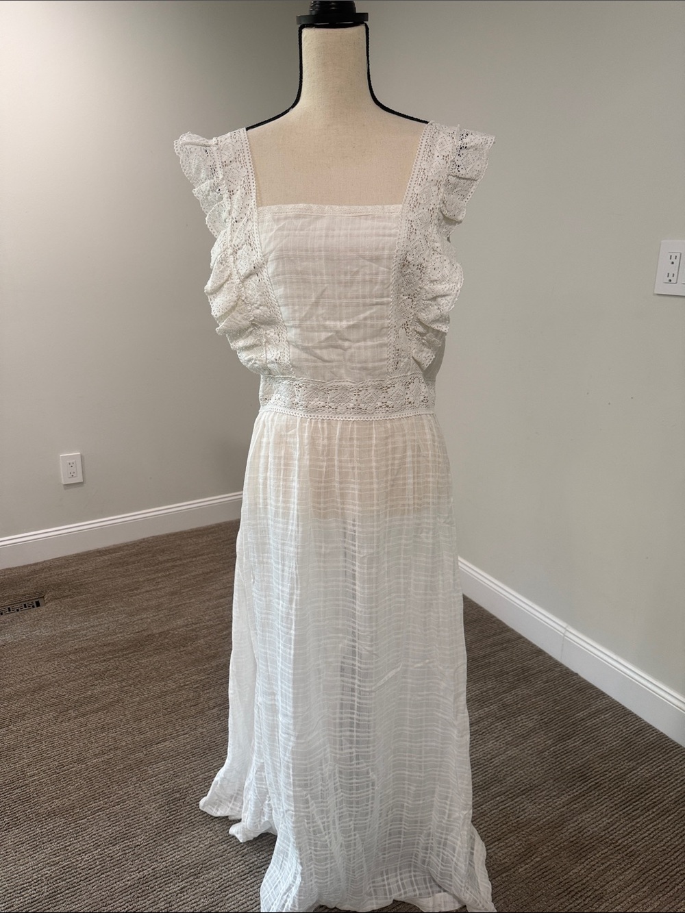 Anthropologie White Lace-Trim Maxi Dress- dreamy sheer white dress XL